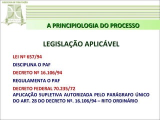 A PRINCIPIOLOGIA DO PROCESSO

LEGISLAÇÃO APLICÁVEL
LEI Nº 657/94
DISCIPLINA O PAF
DECRETO Nº 16.106/94
REGULAMENTA O PAF
DECRETO FEDERAL 70.235/72
APLICAÇÃO SUPLETIVA AUTORIZADA PELO PARÁGRAFO ÚNICO
DO ART. 28 DO DECRETO Nº. 16.106/94 – RITO ORDINÁRIO

 