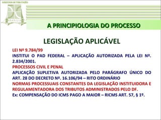 A PRINCIPIOLOGIA DO PROCESSO

LEGISLAÇÃO APLICÁVEL
LEI Nº 9.784/99
INSTITUI O PAD FEDERAL – APLICAÇÃO AUTORIZADA PELA LEI Nº.
2.834/2001.
PROCESSOS CIVIL E PENAL
APLICAÇÃO SUPLETIVA AUTORIZADA PELO PARÁGRAFO ÚNICO DO
ART. 28 DO DECRETO Nº. 16.106/94 – RITO ORDINÁRIO
NORMAS PROCESSUAIS CONSTANTES DA LEGISLAÇÃO INSTITUIDORA E
REGULAMENTADORA DOS TRIBUTOS ADMINISTRADOS PELO DF.
Ex: COMPENSAÇÃO DO ICMS PAGO A MAIOR – RICMS ART. 57, § 1º.

 