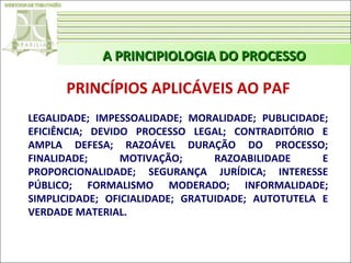 A PRINCIPIOLOGIA DO PROCESSO

PRINCÍPIOS APLICÁVEIS AO PAF
LEGALIDADE; IMPESSOALIDADE; MORALIDADE; PUBLICIDADE;
EFICIÊNCIA; DEVIDO PROCESSO LEGAL; CONTRADITÓRIO E
AMPLA DEFESA; RAZOÁVEL DURAÇÃO DO PROCESSO;
FINALIDADE;
MOTIVAÇÃO;
RAZOABILIDADE
E
PROPORCIONALIDADE; SEGURANÇA JURÍDICA; INTERESSE
PÚBLICO; FORMALISMO MODERADO; INFORMALIDADE;
SIMPLICIDADE; OFICIALIDADE; GRATUIDADE; AUTOTUTELA E
VERDADE MATERIAL.

 