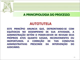 A PRINCIPIOLOGIA DO PROCESSO

AUTOTUTELA
ESTE PRINCÍPIO ANUNCIA QUE, DEFRONTANDO-SE COM
EQUÍVOCOS NO DESEMPENHO DE SUA ATIVIDADE, A
ADMINISTRAÇÃO DETÉM O PODER-DEVER DE REVISAR SEUS
PRÓPRIOS ATOS QUANTO ILEGAIS, INCONVENIENTES OU
INOPORTUNOS. A CORREÇÃO DE TAIS CONDUTAS
ADMINISTRATIVAS PRESCINDE DA INTERVENÇÃO DO
JUDICIÁRIO.

45

 