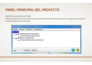 PANEL PRINCIPAL DEL PROYECTOPANEL PRINCIPAL DEL PROYECTO
IDENTIFICACIONDE ACTIVOS
Identificaciónde activos: dentro de la opción análisis de riesgos, primero se ingresan los activos
clasificándolospor su función.
PANEL PRINCIPAL DEL PROYECTOPANEL PRINCIPAL DEL PROYECTO
Identificaciónde activos: dentro de la opción análisis de riesgos, primero se ingresan los activos
15
 