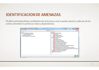 IDENTIFICACIONDE AMENAZASIDENTIFICACIONDE AMENAZAS
PILARrecomienda utilizar su bibliotecade amenazas y esta se puede asociara cada uno de los
activos,tomando en cuenta sus clases y dependencias.
IDENTIFICACIONDE AMENAZASIDENTIFICACIONDE AMENAZAS
PILARrecomienda utilizar su bibliotecade amenazas y esta se puede asociara cada uno de los
activos,tomando en cuenta sus clases y dependencias.
18
 