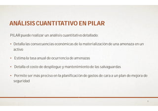ANÁLISIS CUANTITATIVO EN PILARANÁLISIS CUANTITATIVO EN PILAR
PILAR puede realizar un análisis cuantitativodetallado
• Detalla las consecuencias económicas de la materializaciónde una amenaza en un
activo
• Estimala tasa anual de ocurrencia de amenazas
• Detalla el coste de despliegue y mantenimientode las salvaguardas
• Permite ser más preciso en la planificaciónde gastos de cara a un plan de mejora de
seguridad
ANÁLISIS CUANTITATIVO EN PILARANÁLISIS CUANTITATIVO EN PILAR
PILAR puede realizar un análisis cuantitativodetallado:
las consecuencias económicas de la materializaciónde una amenaza en un
amenazas
Detalla el coste de despliegue y mantenimientode las salvaguardas
Permite ser más preciso en la planificaciónde gastos de cara a un plan de mejora de
5
 