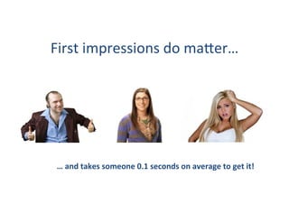 First	impressions	do	ma>er…	
…	and	takes	someone	0.1	seconds	on	average	to	get	it!	
 