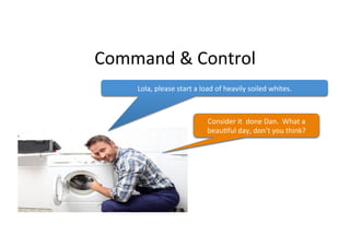 Command	&	Control	
Washing	Machine,	please	start	a	load	of	heavily	soiled	whites.	
StarGng	a	load	of	heavily	soiled	
whites…	
Lola,	please	start	a	load	of	heavily	soiled	whites.	
Consider	it		done	Dan.		What	a	
beauGful	day,	don’t	you	think?	
 