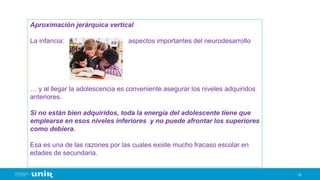 10
Aproximación jerárquica vertical
La infancia: aspectos importantes del neurodesarrollo
… y al llegar la adolescencia es conveniente asegurar los niveles adquiridos
anteriores.
Si no están bien adquiridos, toda la energía del adolescente tiene que
emplearse en esos niveles inferiores y no puede afrontar los superiores
como debiera.
Esa es una de las razones por las cuales existe mucho fracaso escolar en
edades de secundaria.
 