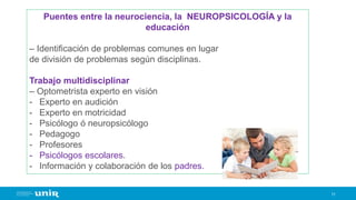 11
Puentes entre la neurociencia, la NEUROPSICOLOGÍA y la
educación
– Identificación de problemas comunes en lugar
de división de problemas según disciplinas.
Trabajo multidisciplinar
– Optometrista experto en visión
- Experto en audición
- Experto en motricidad
- Psicólogo ó neuropsicólogo
- Pedagogo
- Profesores
- Psicólogos escolares.
- Información y colaboración de los padres.
 