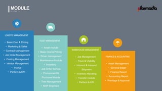 MODULE
SCOOPE
LOGISTIC MANAGEMENT
• Basic Cost & Pricing
• Marketing & Sales
• Contract Management
• Job Order Management
• Costing Management
• Vendor Management
• Invoice
• Perform & KPI
FLEET MANAGEMENT
• Asset module
• Basic Cost & Pricing
• Driver management
• Maintanance Module
• Inventory
• Job Order Service
• Procurement &
Purchase Module
• Tires Management
• MAP Shipment
WAREHOUSE MANAGEMENT
• Job Management
• Track & Visibility
• Inbound & Inbound
Shipment
• Inventory Handling
• Transfer module
• Perform & KPI
FINANCE & ACCOUNTING
• Asset Management
• General ledger
• Finance Report
• Accounting Report
• Previlage & Approval
 