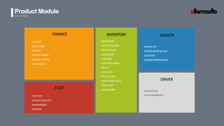 Product Module
Our Scoope
WAREHOUSE
ITEM COTEGORIES
MASTER ITEMS
REQUESTION
PURCHASE
PURCHASE ORDER
RECEIPT
STOCK OUT
STOCK COUNT
WAREHOUSE STOCK
STOCK CART
ITEM RETURN
INVENTORY
FIX ASSET
CASH / BANK
JOURNAL
FINANCE REPORT
GENERAL LEDGER
PROFIT & LOST
FINANCE
FLEET
FLEET LIST
VEHICLE CHECK LIST
MAINTANANCE
IVENTORY
VENDOR
VENDOR LIST
VENDOR REGISTRATION
JOB ORDER
VENDOR PERFORMANCE
DRIVER
Android Driver
Driver Management
 