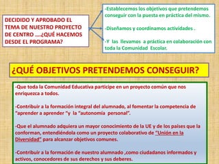 DECIDIDO Y APROBADO EL 
TEMA DE NUESTRO PROYECTO 
DE CENTRO ….¿QUÉ HACEMOS 
DESDE EL PROGRAMA? 
-Establecemos los objetivos que pretendemos 
conseguir con la puesta en práctica del mismo. 
-Diseñamos y coordinamos actividades . 
-Y las llevamos a práctica en colaboración con 
toda la Comunidad Escolar. 
¿QUÉ OBJETIVOS PRETENDEMOS CONSEGUIR? 
-Que toda la Comunidad Educativa participe en un proyecto común que nos 
enriquezca a todos. 
-Contribuir a la formación integral del alumnado, al fomentar la competencia de 
“aprender a aprender “y la “autonomía personal”. 
-Que el alumnado adquiera un mayor conocimiento de la UE y de los países que la 
conforman, entendiéndola como un proyecto colaborativo de “Unión en la 
Diversidad” para alcanzar objetivos comunes. 
-Contribuir a la formación de nuestro alumnado ,como ciudadanos informados y 
activos, conocedores de sus derechos y sus deberes. 
 