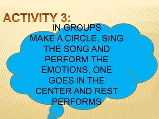 IN GROUPS
MAKE A CIRCLE, SING
  THE SONG AND
   PERFORM THE
  EMOTIONS, ONE
    GOES IN THE
 CENTER AND REST
    PERFORMS
 