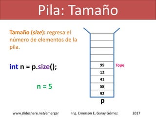 Pila: Tamaño
2017www.slideshare.net/emergar Ing. Emerson E. Garay Gómez
99
12
41
58
92
int n = p.size();
n = 5
p
Tamaño (size): regresa el
número de elementos de la
pila.
Tope
 