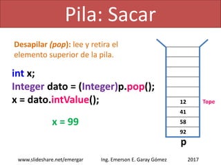 Pila: Leer último
2017www.slideshare.net/emergar Ing. Emerson E. Garay Gómez
“Word”
“Excel”
“NetBeans”
“Firefox”
String x = (String)p.peek();
x = “Word”
Leer último (top o peek):
lee el elemento superior de la pila
sin retirarlo.
p
Tope
 