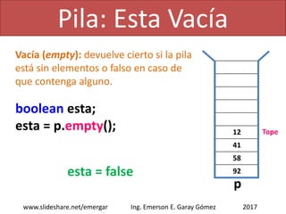 Pila: Sacar
2017www.slideshare.net/emergar Ing. Emerson E. Garay Gómez
99
12
41
58
92
int x;
Integer dato = (Integer)p.pop();
x = dato.intValue();
x = 99
Desapilar (pop): lee y retira el
elemento superior de la pila.
p
Tope
 