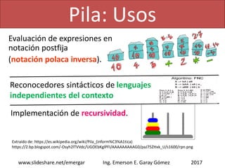 Evaluación de expresiones en
notación postfija
(notación polaca inversa).
Pila: Usos
2017www.slideshare.net/emergar Ing. Emerson E. Garay Gómez
Implementación de recursividad.
Reconocedores sintácticos de lenguajes
independientes del contexto
Extraído de: https://es.wikipedia.org/wiki/Pila_(inform%C3%A1tica)
https://2.bp.blogspot.com/-Osyh2lTVVdc/UGOEbKglPFI/AAAAAAAAAG0/paJ75ZHxk_U/s1600/rpn.png
 