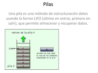 Pilas
 Una pila es una método de estructuración datos
usando la forma LIFO (último en entrar, primero en
 salir), que permite almacenar y recuperar datos.
 