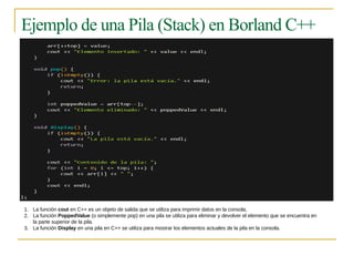 Estructuras de Datos: Pilas, Colas y Memoria Dinámica en Borland C++ | PPTX