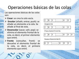 Operaciones básicas de las colas
Las operaciones básicas de las colas
son:
 Crear: se crea la cola vacía.
 Encolar (añadir, entrar, push): se
añade un elemento a la cola. Se
añade al final de esta.
 Desencolar (sacar, salir, pop): se
elimina el elemento frontal de la
cola, es decir, el primer elemento
que entró.
 Frente (consultar, front): se
devuelve el elemento frontal de
la cola, es decir, el primero
elemento que entró.
 