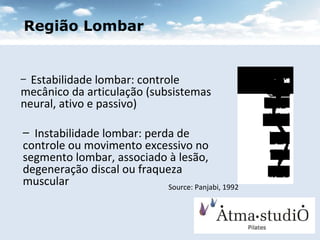 Source: Panjabi, 1992 Instabilidade lombar: perda de controle ou movimento excessivo no segmento lombar, associado à lesão, degeneração discal ou fraqueza muscular   Região Lombar Estabilidade lombar: controle mecânico da articulação (subsistemas neural, ativo e passivo) 