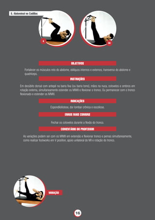 OBJETIVOS
Fortalecer os músculos reto do abdome, oblíquos internos e externos, transverso do abdome e
quadríceps.
INSTRUÇÕES
Em decúbito dorsal com antepé na barra ﬁxa (ou barra torre), mãos na nuca, cotovelos e ombros em
rotação externa, simultaneamente estender os MMII e ﬂexionar o tronco. Ou permanecer com o tronco
ﬂexionado e estender os MMII.
INDICAÇÕES
Espondilolistese, dor lombar crônica e escoliose.
8. Abdominal no Cadillac
ERROS MAIS COMUNS
Fechar os cotovelos durante a ﬂexão do tronco.
COMENTÁRIO DO PROFESSOR
As variações podem ser com os MMII em extensão e ﬂexionar tronco e pernas simultaneamente,
como realizar footworks em V position, apoio unilateral do MI e rotação do tronco.
VARIAÇÃO
8A
8
16
 