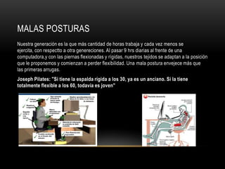 Malas POSTURASNuestra generación es la que más cantidad de horas trabaja y cada vez menos se ejercita, con respectto a otra genereciones. Al pasar 9 hrs diarias al frente de una computadora,y con las piernas flexionadas y rígidas, nuestros tejidos se adaptan a la posición que le proponemos y comienzan a perder flexibilidad. Una mala postura envejece más que las primeras arrugas. Joseph Pilates: "Si tiene la espalda rígida a los 30, ya es un anciano. Si la tiene totalmente flexible a los 60, todavía es joven"