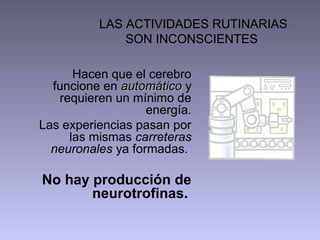 LAS ACTIVIDADES RUTINARIAS
SON INCONSCIENTES
Hacen que el cerebro
funcione en automático y
requieren un mínimo de
energía.
Las experiencias pasan por
las mismas carreteras
neuronales ya formadas.

No hay producción de
neurotrofinas.

 