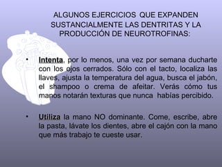ALGUNOS EJERCICIOS   QUE EXPANDEN SUSTANCIALMENTE LAS DENTRITAS Y LA PRODUCCIÓN DE NEUROTROFINAS:  Intenta , por lo menos, una vez por semana ducharte con los ojos cerrados. Sólo con el tacto, localiza las llaves, ajusta la temperatura del agua, busca el jabón, el shampoo o crema de afeitar. Verás cómo tus manos notarán texturas que nunca  habías percibido.  Utiliza  la mano NO dominante. Come, escribe, abre la pasta, lávate los dientes, abre el cajón con la mano que más trabajo te cueste usar.  