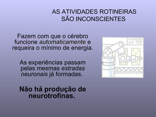 AS ATIVIDADES ROTINEIRAS
                 SÃO INCONSCIENTES

  Fazem com que o cérebro
 funcione automaticamente e
requeira o mínimo de energia.

  As experiências passam
  pelas mesmas estradas
  neuronais já formadas.

  Não há produção de
    neurotrofinas.
 