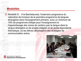 Modalités
 Modalité D : A le Bachelaureat, l’extension progressive du
calendrier de livraison de la première programme de langues
étrangères dans l'enseignement primaire, avec un minimum de
18% de programme d'étape pour l'enseignement et
l'apprentissage des zones de contenu pas la langue dans la
langue étrangère ou de projets intégrés et de durée équivalente
thématique, où les élèves développent des stratégies de
communication active
 