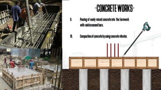 6. Pouringofready-mixedconcreteinto theformwork
withreinforcementbars.
10. Compactionofconcretebyusingconcretevibrator.
-CONCRETEWORKS-
 