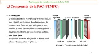  Composants de la PAC (PEMFC):
Figure 3: Composantes de la PEMFC
 L’électrolyte
L’électrolyte est une membrane polymère solide, les
ions négatifs sont retenus dans la structures de
la membrane. Seuls les ions hydrogène H sont
mobiles et libres de transporter la charge positive à
travers la membrane, de l’anode vers a cathode.
 Les électrodes
Sièges des réactions d’oxydation et de réduction,
elles sont recouvertes de platine .
8
 