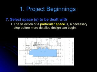 7. Select space (s) to be dealt with The selection of a  particular space  is, a necessary step before more detailed design can begin. 1. Project Beginnings  