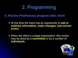 4. Review Preliminary program with client   At this time the client has an opportunity to  add or subtract information, make changes, and correct errors. When the client is a large organization, this review may be done by a  committee  or by a number of  individuals . 2. Programming 