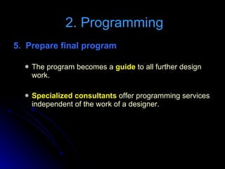 5.  Prepare final program The program becomes a  guide  to all further design work. Specialized consultants  offer programming services independent of the work of a designer. 2. Programming 