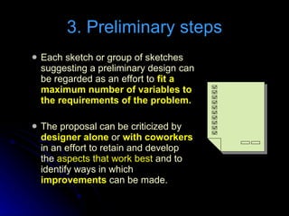 Each sketch or group of sketches suggesting a preliminary design can be regarded as an effort to  fit a maximum number of variables to the requirements of the problem. The proposal can be criticized by  designer alone  or  with coworkers  in an effort to retain and develop the  aspects that work best  and to identify ways in which  improvements  can be made. 3. Preliminary steps 
