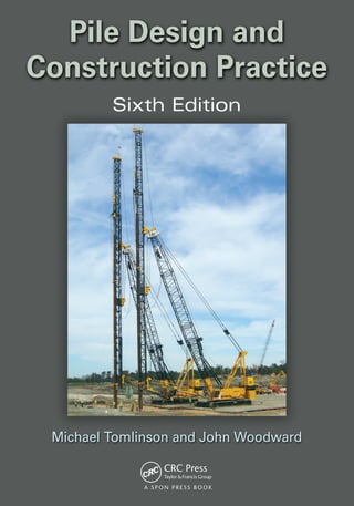 Civil Engineering
“This is the standard of care, the ultimate, practical arbitrator.”
—Donald A. Bruce, Geosystems LP
“The book gives a comprehensive overview of the piling techniques in common use, their
advantages and disadvantages. This information gives a sound basis for the selection
of a given technique. Design of piles to Eurocode 7 is well described and all the general
pile installation methods covered.”
—Hilary Skinner, Donaldson Associates Ltd.
Michael Tomlinson’s classic and widely used reference has been updated to provide
comprehensive references to the new codes and standards now essential for the design and
construction of piled foundations. Emphasis is placed on the well-established theoretical
and empirical calculation methods which are amenable to the application of basic computer
software for pile design. The worked examples incorporate the Eurocode limit state principles
and, where applicable, deal with permissible stress design, drawing on the UK National
Annex and currently active British Standards.
• New sections include the construction of micropiles and CFA piles, pile-soil 		
		 interaction, verification of pile materials, piling for integral bridge abutments, use of
		 polymer stabilising fluids, and more
• Includes calculations of the resistance of piles to compressive loads, pile groups
		 under compressive loading, piled foundations for resisting uplift and lateral loading,
		 and the structural design of piles and pile groups
• Covers marine structures, durability of piled foundations, ground investigations,
		 and pile testing and miscellaneous problems such as machinery foundations, under-
		 pinning, mining subsidence areas, geothermal piles, and unexploded ordnance
It features case studies and detailed examples from around the world which demonstrate
how piling problems are tackled and solved, and it comments on the essential contract terms
and conditions for undertaking work. All is backed-up with relevant published information. It
serves as a guide for practising geotechnical engineers and engineering geologists, and as
a resource for piling contractors and graduate students studying geotechnical engineering.
John Woodward and the late Michael Tomlinson were colleagues for many years working for
a major international civil engineering contractor, undertaking geotechnical investigations,
foundation design and construction, materials testing and specialist contracting services.
They worked on major projects worldwide such as docks, harbours, petroleum production
and refining facilities, onshore and offshore, industrial structures and multistorey buildings.
They have also been independently engaged as geotechnical consultants to the construction
industry preparing foundation designs, legal reports and contractual advice.
Pile
Design
and
Construction
Practice
Sixth Edition
Michael Tomlinson and John Woodward
Pile Design and
Construction Practice
A S P O N P R E SS B O O K
6000 Broken Sound Parkway, NW
Suite 300, Boca Raton, FL 33487
711 Third Avenue
New York, NY 10017
2 Park Square, Milton Park
Abingdon, Oxon OX14 4RN, UK
an informa business
www.crcpress.com
ISBN: 978-1-4665-9263-6
9 781466 592636
90000
Tomlinson
Woodward
Sixth
Edition
w w w . s p o n p r e s s . c o m
K20573
K20573 mech rev.indd 1 8/28/14 9:24 AM
 