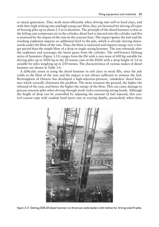 Piling equipment and methods 83
or steam generators. They work most efficiently when driving into stiff to hard clays, and
with their high striking rate and high energy per blow, they are favoured for driving all types
of bearing piles up to about 2.5 m in diameter. The principle of the diesel hammer is that as
the falling ram compresses air in the cylinder, diesel fuel is injected into the cylinder and this
is atomised by the impact of the ram on the concave base. The impact ignites the fuel and the
resulting explosion imparts an additional kick to the pile, which is already moving down-
wards under the blow of the ram. Thus, the blow is sustained and imparts energy over a lon-
ger period than the simple blow of a drop or single-acting hammer. The ram rebounds after
the explosion and scavenges the burnt gases from the cylinder. The well-known Delmag
series of hammers (Figure 3.13) ranges from the D6 with a ram mass of 600 kg suitable for
driving piles up to 2000 kg to the 20 tonnes ram of the D200 with a drop height of 3.4 m
suitable for piles weighing up to 250 tonnes. The characteristics of various makes of diesel
hammer are shown in Table 3.4.
A difficulty arises in using the diesel hammer in soft clays or weak fills, since the pile
yields to the blow of the ram and the impact is not always sufficient to atomise the fuel.
Bermingham of Ontario has developed a high-injection-pressure, ‘smokeless’ diesel ham-
mer which virtually eliminates the problem. The more resistant the ground, the higher the
rebound of the ram, and hence the higher the energy of the blow. This can cause damage to
precast concrete piles when driving through weak rocks containing strong bands. Although
the height of drop can be controlled by adjusting the amount of fuel injected, this con-
trol cannot cope with random hard layers met at varying depths, particularly when these
Figure 3.13â•‡ Delmag D30-20 diesel hammer on American-style leaders with helmet for driving steel H-piles.
 