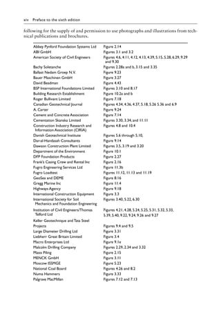 xiv Preface to the sixth edition
following for the supply of and permission to use photographs and illustrations from tech-
nical publications and brochures.
Abbey Pynford Foundation Systems Ltd Figure 2.14
ABI GmbH Figures 3.1 and 3.2
American Society of Civil Engineers Figures 4.6, 4.11, 4.12, 4.13, 4.39, 5.15, 5.28, 6.29, 9.29
and 9.30
Bachy Soletanche Figures 2.28a and b, 3.15 and 3.35
Ballast Nedam Groep N.V. Figure 9.23
Bauer Maschinen GmbH Figure 3.27
David Beadman Figure 4.43
BSP International Foundations Limited Figures 3.10 and 8.17
Building Research Establishment Figure 10.2a and b
Roger Bullivant Limited Figure 7.18
Canadian Geotechnical Journal Figures 4.34, 4.36, 4.37, 5.18, 5.26 5.36 and 6.9
A. Carter Figure 9.24
Cement and Concrete Association Figure 7.14
Cementation Skanska Limited Figures 3.30, 3.34, and 11.11
Construction Industry Research and
Information Association (CIRIA)
Figures 4.8 and 10.4
Danish Geotechnical Institute Figures 5.6 through 5.10,
Dar-al-Handasah Consultants Figure 9.14
Dawson Construction Plant Limited Figures 3.5, 3.19 and 3.20
Department of the Environment Figure 10.1
DFP Foundation Products Figure 2.27
Frank’s Casing Crew and Rental Inc Figure 2.16
Fugro Engineering Services Ltd Figure 11.3b
Fugro Loadtest Figures 11.12, 11.13 and 11.19
GeoSea and DEME Figure 8.16
Gregg Marine Inc Figure 11.4
Highways Agency Figure 9.18
International Construction Equipment Figure 3.3
International Society for Soil
Mechanics and Foundation Engineering
Figures 3.40, 5.22, 6.30
Institution of Civil Engineers/Thomas
Telford Ltd
Figures 4.21, 4.28, 5.24, 5.25, 5.31, 5.32, 5.33,
5.39, 5.40, 9.22, 9.24, 9.26 and 9.27
Keller Geotechnique and Tata Steel
Projects Figures 9.4 and 9.5
Large Diameter Drilling Ltd Figure 3.31
Liebherr Great Britain Limited Figure 3.4
Macro Enterprises Ltd Figure 9.1e
Malcolm Drilling Company Figures 2.29, 2.34 and 3.32
Maxx Piling Figure 2.15
MENCK GmbH Figure 3.11
Moscow ISSMGE Figure 5.23
National Coal Board Figures 4.26 and 8.2
Numa Hammers Figure 3.33
Palgrave MacMillan Figures 7.12 and 7.13
 