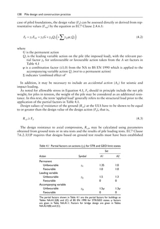 138 Pile design and construction practiceï»¿
case of piled foundations, the design value (Fd) can be assessed directly or derived from rep-
resentative values (Frep) by the equation as EC7 Clause 2.4.6.1:
F F G Q Q
d F rep G Q Qi o i
= = + +
( )
∑
γ γ γ γ ψ
1 (4.2)
where
G is the permanent action
Ql is the leading variable action on the pile (the imposed load), with the relevant par-
tial factor γF for unfavourable or favourable action taken from the A set factors in
Table 4.1
ψ is a combination factor (≤1.0) from the NA to BS EN 1990 which is applied to the
accompanying variable action Qi (not to a permanent action)
Σ indicates ‘combined effect of’
In addition, it may be necessary to include an accidental action (AE) for seismic and
impact loading.
As noted for allowable stress in Equation 4.1, Fd should in principle include the net pile
weight; for piles in tension, the weight of the pile may be considered as an additional resis-
tance. In this text, the term ‘applied load’ generally refers to the structural load prior to the
application of the partial factors in Table 4.1.
Design values of resistance of the ground (Rcd) at the ULS have to be shown to be equal
to or greater than the design value of the design action (Fd), that is,
) Rcd ≥ Fd (4.3)
The design resistance to axial compression, Rcd, may be calculated using parameters
obtained from ground tests or in situ tests and the results of pile loading tests. EC7 Clause
7.6.2.3(1)P requires that designs based on ground test results must have been established
Table 4.1â•‡ 
Partial factors on actions (γF) for STR and GEO limit states
Set
Action Symbol A1 A2
Permanent
Unfavourable γG 1.35 1.0
Favourable 1.0 1.0
Leading variable
Unfavourable γQ 1.5 1.3
Favourable 0 0
Accompanying variable
Unfavourable γQi 1.5ψ 1.3ψ
Favourable 0 0
The partial factors shown in Table 4.1 are the partial factors for buildings as
Tables NA.A1.2(B) and (C) of BS EN 1990 for STR/GEO states. ψ factors
are given in Table NA.A1.1. Factors for bridge design are given in Tables
NA.A2.4(B) and (C).
 