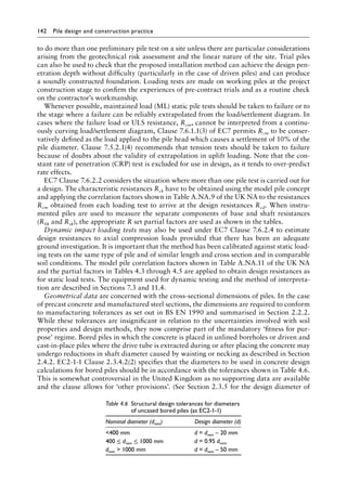 142 Pile design and construction practiceï»¿
to do more than one preliminary pile test on a site unless there are particular considerations
arising from the geotechnical risk assessment and the linear nature of the site. Trial piles
can also be used to check that the proposed installation method can achieve the design pen-
etration depth without difficulty (particularly in the case of driven piles) and can produce
a soundly constructed foundation. Loading tests are made on working piles at the project
construction stage to confirm the experiences of pre-contract trials and as a routine check
on the contractor’s workmanship.
Whenever possible, maintained load (ML) static pile tests should be taken to failure or to
the stage where a failure can be reliably extrapolated from the load/settlement diagram. In
cases where the failure load or ULS resistance, Rcm, cannot be interpreted from a continu-
ously curving load/settlement diagram, Clause 7.6.1.1(3) of EC7 permits Rcm to be conser-
vatively defined as the load applied to the pile head which causes a settlement of 10% of the
pile diameter. Clause 7.5.2.1(4) recommends that tension tests should be taken to failure
because of doubts about the validity of extrapolation in uplift loading. Note that the con-
stant rate of penetration (CRP) test is excluded for use in design, as it tends to over-predict
rate effects.
EC7 Clause 7.6.2.2 considers the situation where more than one pile test is carried out for
a design. The characteristic resistances Rck have to be obtained using the model pile concept
and applying the correlation factors shown in Table A.NA.9 of the UK NA to the resistances
Rcm obtained from each loading test to arrive at the design resistances Rcd. When instru-
mented piles are used to measure the separate components of base and shaft resistances
(Rbk and Rsk), the appropriate R set partial factors are used as shown in the tables.
Dynamic impact loading tests may also be used under EC7 Clause 7.6.2.4 to estimate
design resistances to axial compression loads provided that there has been an adequate
ground investigation. It is important that the method has been calibrated against static load-
ing tests on the same type of pile and of similar length and cross section and in comparable
soil conditions. The model pile correlation factors shown in Table A.NA.11 of the UK NA
and the partial factors in Tables 4.3 through 4.5 are applied to obtain design resistances as
for static load tests. The equipment used for dynamic testing and the method of interpreta-
tion are described in Sections 7.3 and 11.4.
Geometrical data are concerned with the cross-sectional dimensions of piles. In the case
of precast concrete and manufactured steel sections, the dimensions are required to conform
to manufacturing tolerances as set out in BS EN 1990 and summarised in Section 2.2.2.
While these tolerances are insignificant in relation to the uncertainties involved with soil
properties and design methods, they now comprise part of the mandatory ‘fitness for pur-
pose’ regime. Bored piles in which the concrete is placed in unlined boreholes or driven and
cast-in-place piles where the drive tube is extracted during or after placing the concrete may
undergo reductions in shaft diameter caused by waisting or necking as described in Section
2.4.2. EC2-1-1 Clause 2.3.4.2(2) specifies that the diameters to be used in concrete design
calculations for bored piles should be in accordance with the tolerances shown in Table 4.6.
This is somewhat controversial in the United Kingdom as no supporting data are available
and the clause allows for ‘other provisions’. (See Section 2.3.5 for the design diameter of
Table 4.6â•‡ 
Structural design tolerances for diameters
of uncased bored piles (as EC2-1-1)
Nominal diameter (dnom) Design diameter (d)
400 mm d = dnom – 20 mm
400 ≤ dnom ≤ 1000 mm d = 0.95 dnom
dnom  1000 mm d = dnom – 50 mm
 
