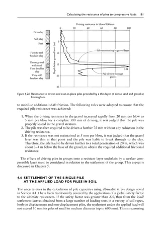 Calculating the resistance of piles to compressive loads 181
to mobilise additional shaft friction. The following rules were adopted to ensure that the
required pile resistance was achieved:
1. When the driving resistance in the gravel increased rapidly from 20 mm per blow to
5 mm per blow for a complete 300 mm of driving, it was judged that the pile was
properly seated in the gravel stratum.
2. The pile was then required to be driven a further 75 mm without any reduction in the
driving resistance.
3. If the resistance was not maintained at 5 mm per blow, it was judged that the gravel
layer was thin at that point and the pile was liable to break through to the clay.
Therefore, the pile had to be driven further to a total penetration of 20 m, which was
about 3–4 m below the base of the gravel, to obtain the required additional frictional
resistance.
The effects of driving piles in groups onto a resistant layer underlain by a weaker com-
pressible layer must be considered in relation to the settlement of the group. This aspect is
discussed in Chapter 5.
4.6â•‡SETTLEMENT OF THE SINGLE PILE
AT THE APPLIED LOAD FOR PILES IN SOIL
The uncertainties in the calculation of pile capacities using allowable stress design noted
in Section 4.1.3 have been traditionally covered by the application of a global safety factor
to the ultimate resistances. If the safety factor was greater than 2.5, then from the load/
settlement curves obtained from a large number of loading tests in a variety of soil types,
both on displacement and non-displacement piles, the settlement under the applied load will
not exceed 10 mm for piles of small to medium diameter (up to 600 mm). This is reassuring
Driving resistance in blows/300 mm
0
5
Depth
below
ground
level
(m)
134
Firm clay
Soft clay
Peat
Firm to stiff
boulder clay
Dense gravel
with sand
Firm boulder
clay
Very stiff
boulder clay
10
15
20
25
20 40 60 80 100
Pile driven through
gravel
Pile terminating in gravel layer
Figure 4.26â•‡ 
Resistance to driven and cast-in-place piles provided by a thin layer of dense sand and gravel at
Immingham.
 