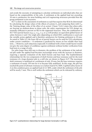 182 Pile design and construction practiceï»¿
and avoids the necessity of attempting to calculate settlements on individual piles that are
based on the compressibility of the soils. A settlement at the applied load not exceeding
10 mm is satisfactory for most building and civil engineering structures provided that the
group settlement is not excessive.
EC7 is silent on the assessment of settlement as such but requires that SLSs be determined
by calculating the design values of the effects of actions Ed and comparing them with Cd,
the ‘limiting design value of the effect of an action’. Clause 7.6.4.1 states that where piles
are bearing on medium-dense to dense soils, the safety requirements for ULS design are
normally sufficient to prevent an SLS in the supported structure. Thus, the combination of
EC7 ULS partial factors (e.g. γG × γRd × γb or γs) will produce an equivalent global factor of
safety between 2 and 3 for single piles (depending on which DA1 combination is used and
the variable action applied) and is therefore satisfactory for limiting settlement to 10 mm.
As noted in Table 4.5, the lower R4 set of partial factors can be used for ULS calculations
under certain conditions – ‘if settlement is predicted by means no less reliable than load
tests…’. However, such reductions (especially if combined with a lower model factor) would
not give the same degree of confidence against settlement without further verification from
load tests in a range of soils.
For piles larger than 600 mm in diameter, the problem of the settlement of the individ-
ual pile under the applied load becomes increasingly severe with the increase in diameter,
requiring a separate evaluation of the shaft friction and base load. The load/settlement
relationships for the two components of shaft friction and base resistance and for the total
resistance of a large-diameter pile in a stiff clay are shown in Figure 4.27. The maximum
shaft resistance is mobilised at a settlement of only 10 mm, but the base resistance requires
a settlement of nearly 150 mm for it to become fully mobilised. At this stage, the pile has
reached the point of ultimate resistance at a failure load of 4.2 MN. A global safety factor of
2 on this condition gives an applied load of 2.1 MN, under which the settlement of the pile
will be nearly 5 mm. This is well within the settlement which can be tolerated by ordinary
Load (MN)
0
25
50
75
100
Settlement
(mm)
125
150
1 2 3 4 5
Working load
2.1 MN
Total pile
load
Base
resistance
Shaft
resistance
Figure 4.27â•‡ 
Load/settlement relationships for large-diameter bored piles in stiff clay.
 