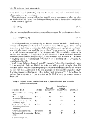 188 Pile design and construction practiceï»¿
correlations between pile loading tests and the results of field tests in rock formations or
laboratory tests on core specimens.
Where the joints are spaced widely, that is at 600 mm or more apart, or where the joints
are tightly closed and remain closed after pile driving, the base resistance may be calculated
from the following equation:
q N q
b uc
= 2 φ (4.36)
where quc is the uniaxial compressive strength of the rock and the bearing capacity factor
Nφ φ
= +
( )
tan2
45 2
° / (4.37)
For (strong) sandstone, which typically has ϕ values between 40° and 45°, end bearing at
failure is stated by Pells and Turner(4.53) to be between 9 and 12 times quc. As this laboratory
assessment of quc is likely to be considerably less than the in situ strength, a reasonable char-
acteristic value in this case would be 3quc to 4.5quc. The variations in Nϕ caused by joints
in the rock mass are demonstrated by the comparisons in Table 4.10 of observations of the
ultimate base resistance of driven and bored piles terminated in weak mudstones, siltstones
and sandstones with the corresponding Nϕ values calculated from Equation 4.37. For these
rocks, the ϕ values as recommended by Wyllie(4.54) are in the range of 27°–34° giving Nϕ
values from 2.7 to 3.4.
It will be noted that the back-calculated Nϕ values in Table 4.10 are considerably lower
than the range of 2.7–3.4 established for rocks with widely spaced and tight joints. The
reduction is most probably due to the jointing characteristics of the rock formation in which
the tests were made. A measure of the joint spacing is the rock quality designation (RQD)
determined as described in Section 11.1.4. Kulhawy and Goodman(4.55,4.56) showed that the
ultimate base resistance (qub) can be related to the RQD of the rock mass as shown in
Table 4.11.
Table 4.10â•‡ 
Observed ultimate base resistance values of piles terminated in weak mudstones,
siltstones and sandstones
Description of rock Pile type
Plate or pile
diameter (mm)
Observed bearing
pressure at
failure (MN/m2) Calculated Nϕ
Mudstone/siltstone moderately
weak
Bored 900 5.6 0.25
Mudstone, highly to
moderately weathered weak
Plate test 457 9.2 1.25
Cretaceous mudstone, weak,
weathered, clayey
Bored 670 6.8 3.0
Weak carbonate siltstone/
sandstone (coral detrital
limestone)
Driven 762 5.11 1.5
Calcareous sandstone weak Driven tube 200 3.0 1.2
Sandstone, weak to moderately
weak
Driven 275 19a 1.75
a) From dynamic pile test.
 
