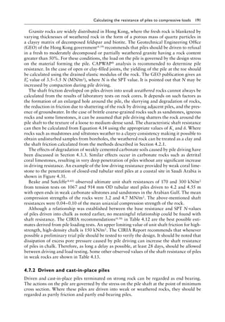 Calculating the resistance of piles to compressive loads 191
Granite rocks are widely distributed in Hong Kong, where the fresh rock is blanketed by
varying thicknesses of weathered rock in the form of a porous mass of quartz particles in
a clayey matrix of decomposed feldspar and biotite. The Geotechnical Engineering Office
(GEO) of the Hong Kong government(4.59) recommends that piles should be driven to refusal
in a fresh to moderately decomposed or partially weathered granite having a rock content
greater than 50%. For these conditions, the load on the pile is governed by the design stress
on the material forming the pile. CAPWAP® analysis is recommended to determine pile
resistance. In the case of open or clay-filled joints, the yielding of the pile at the toe should
be calculated using the drained elastic modulus of the rock. The GEO publication gives an
′
Ev value of 3.5–5.5 N (MN/m2), where N is the SPT value. It is pointed out that N may be
increased by compaction during pile driving.
The shaft friction developed on piles driven into weak weathered rocks cannot always be
calculated from the results of laboratory tests on rock cores. It depends on such factors as
the formation of an enlarged hole around the pile, the slurrying and degradation of rocks,
the reduction in friction due to shattering of the rock by driving adjacent piles, and the pres-
ence of groundwater. In the case of brittle coarse-grained rocks such as sandstones, igneous
rocks and some limestones, it can be assumed that pile driving shatters the rock around the
pile shaft to the texture of a loose to medium-dense sand. The characteristic shaft resistance
can then be calculated from Equation 4.14 using the appropriate values of Ks and δ. Where
rocks such as mudstones and siltstones weather to a clayey consistency making it possible to
obtain undisturbed samples from boreholes, the weathered rock can be treated as a clay and
the shaft friction calculated from the methods described in Section 4.2.1.
The effects of degradation of weakly cemented carbonate soils caused by pile driving have
been discussed in Section 4.3.3. Similar effects occur in carbonate rocks such as detrital
coral limestones, resulting in very deep penetration of piles without any significant increase
in driving resistance. An example of the low driving resistance provided by weak coral lime-
stone to the penetration of closed-end tubular steel piles at a coastal site in Saudi Arabia is
shown in Figure 4.31.
Beake and Sutcliffe(4.60) observed ultimate unit shaft resistances of 170 and 300 kN/m2
from tension tests on 1067 and 914 mm OD tubular steel piles driven to 4.2 and 4.55 m
with open ends in weak carbonate siltstones and sandstones in the Arabian Gulf. The mean
compression strengths of the rocks were 3.2 and 4.7 MN/m2. The above-mentioned shaft
resistances were 0.04–0.10 of the mean uniaxial compression strength of the rock.
Although a relationship was established between the base resistance and SPT N-values
of piles driven into chalk as noted earlier, no meaningful relationship could be found with
shaft resistance. The CIRIA recommendations(4.58) in Table 4.12 are the best possible esti-
mates derived from pile loading tests. An upper limiting value of unit shaft friction for high-
strength, high-density chalk is 150 kN/m2. The CIRIA Report recommends that whenever
possible a preliminary trial pile should be tested to verify the design. It should be noted that
dissipation of excess pore pressure caused by pile driving can increase the shaft resistance
of piles in chalk. Therefore, as long a delay as possible, at least 28 days, should be allowed
between driving and load testing. Some other observed values of the shaft resistance of piles
in weak rocks are shown in Table 4.13.
4.7.2â•‡ Driven and cast-in-place piles
Driven and cast-in-place piles terminated on strong rock can be regarded as end bearing.
The actions on the pile are governed by the stress on the pile shaft at the point of minimum
cross section. Where these piles are driven into weak or weathered rocks, they should be
regarded as partly friction and partly end-bearing piles.
 
