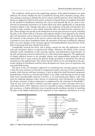 General principles and practices 3
The conditions which govern the supporting capacity of the piled foundation are quite
different. No matter whether the pile is installed by driving with a hammer, jetting, vibra-
tion, jacking, screwing or drilling, the soil in contact with the pile face, from which the pile
derives its support by shaft friction and its resistance to lateral loads, is completely disturbed
by the method of installation. Similarly, the soil or rock beneath the toe of a pile is com-
pressed (or sometimes loosened) to an extent which may affect significantly its end-gearing
resistance (Figure 1.1b). Changes take place in the conditions at the pile–soil interface over
periods of days, months or years which materially affect the shaft friction resistance of a
pile. These changes may be due to the dissipation of excess pore pressure set up by installing
the pile, to the relative effects of friction and cohesion which in turn depend on the relative
pile–soil movement, and to chemical or electrochemical effects caused by the hardening of
the concrete or the corrosion of the steel in contact with the soil. Where piles are installed
in groups to carry heavy foundation loads, the operation of driving or drilling for adjacent
piles can cause changes in the carrying capacity and load/settlement characteristics of the
piles in the group that have already been driven.
Considerable research has been, and is being, carried out into the application of soil
and rock mechanics theory to practical pile design. However, the effects of the various
methods of pile installation on the carrying capacity and deformation characteristics of
the pile and ground cannot be allowed for in a strict theoretical approach. The application
of simple empirical factors to the strength, density and compressibility properties of the
undisturbed soil or rock remains the general design procedure to determine the relevant
resistances to the applied loads. The various factors which can be used depend on the par-
ticular method of installation and have been developed over many years of experience and
successful field testing.
The basis of the soil mechanics approach to calculating the carrying capacity of piles
is that the total resistance of the pile to compression loads is the sum of two components,
namely, shaft friction and base resistance. A pile in which the shaft-frictional component
predominates is known as a friction pile (Figure 1.2a), while a pile bearing on rock or some
other hard incompressible material is known as an end-bearing pile (Figure 1.2b). The
need for adopting adequate safety factors in conjunction with calculations to determine
the design resistance of these components is emphasised by the statement by Randolph(1.1)
‘that we may never be able to estimate axial pile capacity in many soil types more accu-
rately than about ±30%’. However, even if it is possible to make a reliable estimate of total
pile resistance, a further difficulty arises in predicting the problems involved in installing
the piles to the depths indicated by the empirical or semi-empirical calculations. It is one
(a) (b)
Soil progressively
increasing in
stiffness or
relative density
with increasing
depth
Rock or hard
relatively
incompressible
soil
Soft highly
compressible soil
Figure 1.2â•‡ 
Types of bearing pile: (a) friction pile; (b) end-bearing pile.
 