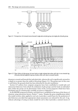 244 Pile design and construction practiceï»¿
diameters around and beneath the individual pile, whereas the soil is significantly stressed to
a depth to or greater than the width of the group (Figure 5.1). The greater part of this zone
is well below the ground which has been disturbed by the pile installation.
Section 4.9 outlines how computer programs have been established to model pile–soil
interaction behaviour from which the settlement of pile groups and the loads on individual
piles within the group can be determined. Some of the current programs which have been
developed and are commercially available are given in Appendix C.
In the DEFPIG program by Poulos, soil behaviour is modelled on the basis of the theory of
elasticity using interaction factors. Poulos(5.1) states, ‘Despite the gross simplification which
this model involves when applied to real soil, it provides a useful basis for the prediction of
pile behaviour provided that appropriate elastic parameters are selected for the soil. A sig-
nificant advantage of using an elastic model for soil is that it provides a rational means of
Stressed
zone
(a) (b)
Heavily
stressed zone
Figure 5.1â•‡ 
Comparison of stressed zones beneath single pile and pile group: (a) single pile; (b) pile group.
Test pile
Fill or
weak soil
Soft compressible clay
Compact
stratum
(b)
(a)
Figure 5.2â•‡ 
Shear failure of pile group: (a) test load on single isolated pile when soft clay is not stressed sig-
nificantly; (b) load applied to group of piles when soft clay is stressed heavily.
 
