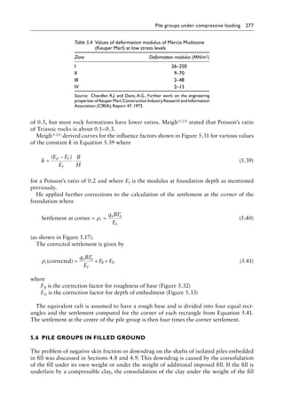 Pile groups under compressive loading 277
of 0.5, but most rock formations have lower ratios. Meigh(5.23) stated that Poisson’s ratio
of Triassic rocks is about 0.1–0.3.
Meigh(5.23) derived curves for the influence factors shown in Figure 5.31 for various values
of the constant k in Equation 5.39 where
k
E E
E
B
H
d f
f
=
−
⋅
( )
(5.39)
for a Poisson’s ratio of 0.2 and where Ef is the modulus at foundation depth as mentioned
previously.
He applied further corrections to the calculation of the settlement at the corner of the
foundation where
Settlement at corner = =
′
ρi
n p
f
q BI
E
(5.40)
(as shown in Figure 5.17).
The corrected settlement is given by
ρc
n p
f
B D
q BI
E
F F
(corrected) =
′
× × (5.41)
where
FB is the correction factor for roughness of base (Figure 5.32)
FD is the correction factor for depth of embedment (Figure 5.33)
The equivalent raft is assumed to have a rough base and is divided into four equal rect-
angles and the settlement computed for the corner of each rectangle from Equation 5.41.
The settlement at the centre of the pile group is then four times the corner settlement.
5.6â•‡ PILE GROUPS IN FILLED GROUND
The problem of negative skin friction or downdrag on the shafts of isolated piles embedded
in fill was discussed in Sections 4.8 and 4.9. This downdrag is caused by the consolidation
of the fill under its own weight or under the weight of additional imposed fill. If the fill is
underlain by a compressible clay, the consolidation of the clay under the weight of the fill
Table 5.4â•‡ 
Values of deformation modulus of Mercia Mudstone
(Keuper Marl) at low stress levels
Zone Deformation modulus (MN/m2)
I 26–250
II 9–70
III 2–48
IV 2–13
Source: Chandler, R.J. and Davis, A.G., Further work on the engineering
properties of Keuper Marl,Construction Industry Research and Information
Association (CIRIA), Report 47, 1973.
 