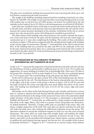 Pile groups under compressive loading 289
The piles were installed by drilling from ground level and concreting the shaft up to raft
level before commencing the bulk excavation.
The weight of the building (including imposed load but excluding wind load) was calcu-
lated to be 228 MN. The weight of soil removed when excavating through gravel on to the
stiff London Clay at raft level was 107 MN, giving a net load to be transferred by the raft
and piles to the London Clay of 121 MN or a net bearing pressure at raft level of 196 kN/m2.
Load cells were installed in three of the piles to measure the load transferred from the raft
to the pile shaft, and three earth pressure cells were placed between the raft and the soil to
measure the contact pressures developed at this interface. Settlements of the raft at various
points were also measured by means of levelling points installed at ground level.
The observations of pile loadings and contact pressures were used to estimate the propor-
tion of the total load carried by the piles and the basement raft from the initial stages of
construction up to 3 years after completing the building. The results of these calculations
are shown in Figure 5.39b and are compared with the calculated total weight of the building
at the various stages of construction. Hooper(5.35) estimated that at the end of construction,
60% of the building load was carried by the piles and 40% by the underside of the raft.
In the post-construction period, there was a continuing trend towards the slow transfer of
more load to the piles, about 6% of the total downward structural load being transferred to
the piles in the 3-year period.
5.10â•‡OPTIMISATION OF PILE GROUPS TO REDUCE
DIFFERENTIAL SETTLEMENTS IN CLAY
Cooke et al.(5.36) measured the proportion of load shared between the piles and raft and also
the distribution of load to selected piles in different parts of a 43.3 m by 19.2 m piled raft
supporting a 16-storey building in London Clay at Stonebridge Park. There were 351 piles in
the group with a diameter of 0.45 m and a length of 13 m. The piles were uniformly spaced
on a 1.6 m square grid. The overall loading on the pile group was about 200 kN/m2.
At the end of construction, the piles carried 78% of the total building load, the remain-
der being carried by the raft. The distribution of the load to selected piles near the centre,
at the edges, and at the corners of the group is shown in Figure 5.40. It will be seen that
the loads carried by the corner and edge piles were much higher than those on the centre
piles. The loading was distributed in the ratio 2.2:1.4:1 for the corner, edge and centre
respectively.
Advantages can be taken of the load sharing between raft and piles and between various
piles in a group to optimise the load sharing whereby differential settlement is minimised
and economies obtained in the design of the structural frame and in the penetration depth
and/or diameter of the piles (Section 5.3). The procedure in optimisation is described by
Padfield and Sharrock(4.87). Central piles are influenced by a larger number of adjacent piles
than those at the edges. Hence, they settle to a greater extent and produce the characteris-
tic dished settlement. Therefore, if longer stiffer piles are provided at the centre, they will
attract a higher proportion of the load. The outer piles are shorter and thus less stiff and
will yield and settle more, thus reducing the differential settlement across the group. The
alternative method of varying the settlement response to load is to vary the cross-sectional
dimensions. The centre piles are made long with straight shafts and mobilise the whole
of their bearing capacity in shaft friction at a settlement of between 10 and 15 mm. The
shorter outer piles can be provided with enlarged bases which require a greater settlement
to mobilise the total ultimate bearing capacity (see Section 4.6). An example of this is given
by Burland and Kalra(5.17). Viggiani et al.(4.14) carried out an exercise using a finite element
 