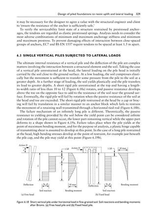 Design of piled foundations to resist uplift and lateral loading 329
it may be necessary for the designer to agree a value with the structural engineer and client
to ‘ensure the resistance of the anchor is sufficiently safe.’
To verify the serviceability limit state of a structure restrained by prestressed anchor-
ages, the tendons are regarded as elastic prestressed springs. Analysis needs to consider the
most adverse combinations of minimum and maximum anchorage stiffness and minimum
and maximum prestress. To prevent damaging effects of interaction between close-spaced
groups of anchors, EC7 and BS EN 1537 require tendons to be spaced at least 1.5 m apart.
6.3â•‡SINGLE VERTICAL PILES SUBJECTED TO LATERAL LOADS
The ultimate internal resistance of a vertical pile and the deflection of the pile are complex
matters involving the interaction between a structural element and the soil. Taking the case
of a vertical pile unrestrained at the head, the lateral loading on the pile head is initially
carried by the soil close to the ground surface. At a low loading, the soil compresses elasti-
cally but the movement is sufficient to transfer some pressure from the pile to the soil at a
greater depth. At a further stage of loading, the soil yields plastically and the pile transfers
its load to greater depths. A short rigid pile unrestrained at the top and having a length-
to-width ratio of less than 10 to 12 (Figure 6.18a) rotates, and passive resistance develops
above the toe on the opposite face to add to the resistance of the soil near the ground sur-
face. Eventually, the rigid pile will fail by rotation when the passive resistance of the soil at
the head and toe are exceeded. The short rigid pile restrained at the head by a cap or brac-
ing will fail by translation in a similar manner to an anchor block which fails to restrain
the movement of a retaining wall transmitted through a horizontal tied rod (Figure 6.18b).
The failure mechanism of an infinitely long pile is different. Theoretically, the passive
resistance to yielding provided by the soil below the yield point can be considered infinite
and rotation of the pile cannot occur, the lower part remaining vertical while the upper part
deforms to a shape shown in Figure 6.19a. Failure takes place when the pile yields at the
point of maximum bending moment, and for the purpose of analysis, a plastic hinge capable
of transmitting shear is assumed to develop at this point. In the case of a long pile restrained
at the head, high bending stresses develop at the point of restraint, for example just beneath
the pile cap, and the pile may yield at this point (Figure 6.19b).
Deflection
(a) Free head (b) Fixed head
Deflection
Action H
Action H
Soil reaction
1.5B 1.5B
L
L
e
g
f
9cuB
9cuB
Bending moment
Bending moment
M max
M max
Soil reaction
Figure 6.18â•‡ 
Short vertical pile under horizontal load in fine-grained soil. Soil reactions and bending moments
after Broms. (a) Free head pile and (b) Fixed head pile.
 