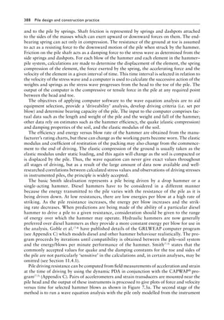 388 Pile design and construction practiceï»¿
and to the pile by springs. Shaft friction is represented by springs and dashpots attached
to the sides of the masses which can exert upward or downward forces on them. The end-
bearing spring can act only in compression. The resistance of the ground at toe is assumed
to act as a resisting force to the downward motion of the pile when struck by the hammer.
Friction on the pile shaft acts as a damping force to the stress wave as determined from the
side springs and dashpots. For each blow of the hammer and each element in the hammer–
pile system, calculations are made to determine the displacement of the element, the spring
compression of the element, the force exerted by the spring, the accelerating force and the
velocity of the element in a given interval of time. This time interval is selected in relation to
the velocity of the stress wave and a computer is used to calculate the successive action of the
weights and springs as the stress wave progresses from the head to the toe of the pile. The
output of the computer is the compressive or tensile force in the pile at any required point
between the head and toe.
The objectives of applying computer software to the wave equation analysis are to aid
equipment selection, provide a ‘driveability’ analysis, develop driving criteria (i.e. set per
blow) and determine bearing capacity of the pile. The input to the computer comprises fac-
tual data such as the length and weight of the pile and the weight and fall of the hammer;
other data rely on estimates such as the hammer efficiency, the quake (elastic compression)
and damping properties of the soil, and the elastic modulus of the soil.
The efficiency and energy versus blow rate of the hammer are obtained from the manu-
facturer’s rating charts, but these can change as the working parts become worn. The elastic
modulus and coefficient of restitution of the packing may also change from the commence-
ment to the end of driving. The elastic compressi